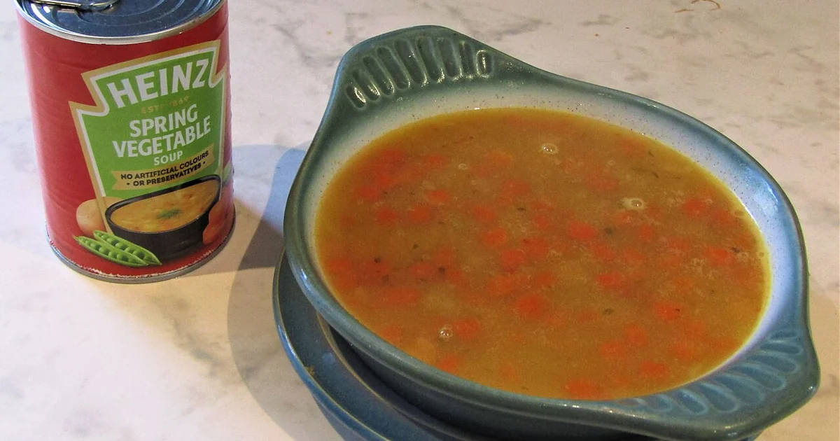 A bowl of tinned Spring Vegetable soup prepared for lunch in the village of Trimingham, Norfolk, England.