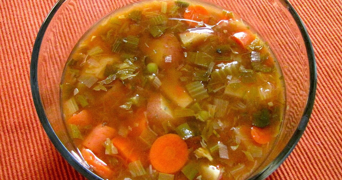 Simple vegetable soup 64 oz. free range chicken broth 15 oz. can tomato sauce 15 oz. can Italian diced tomatoes 2 small bags of baby carrots, chopped (2 lbs.) 1 whole bundle of celery (chopped large, including leaves) 15 oz. frozen package