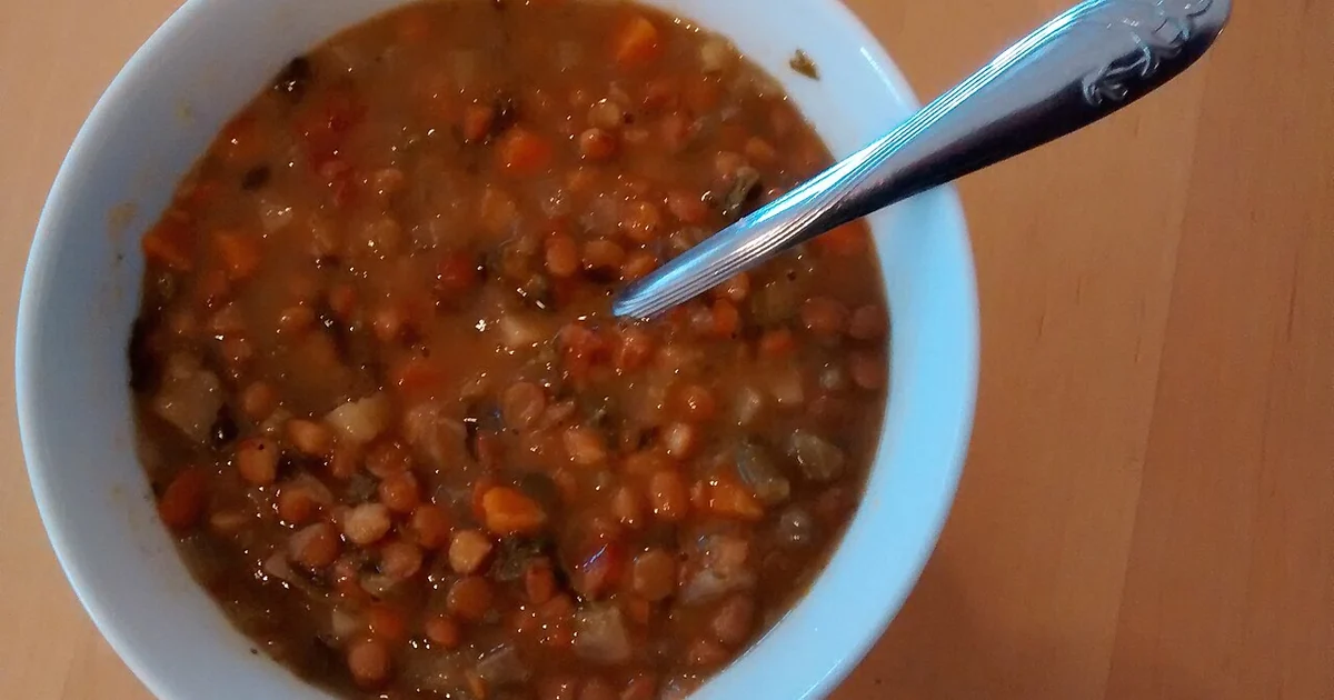 A bowl of Amy's Kitchen lentil vegetable soup.