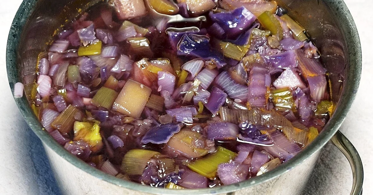 Vegetable soup in a cooking pot. Including red cabbage, onion, leek, zucchini, fennel, celery and spices.