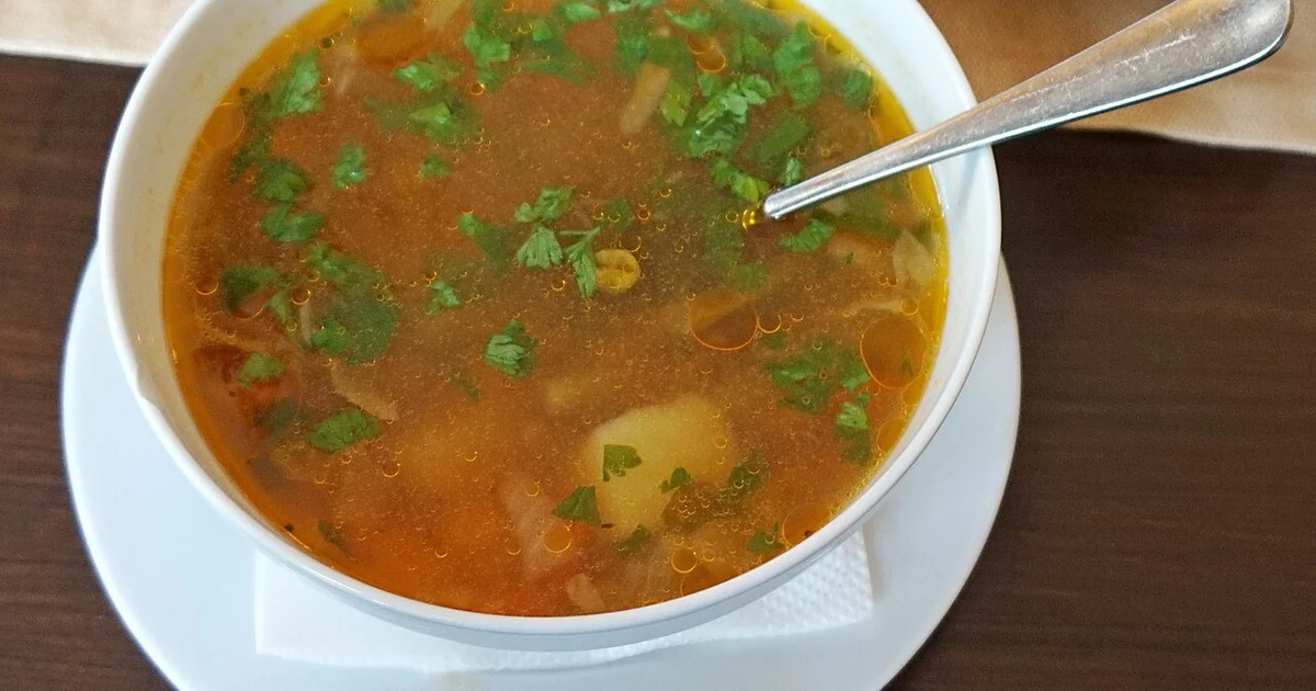 Vegetable soup in a restaurant, Ramnicu Valcea.