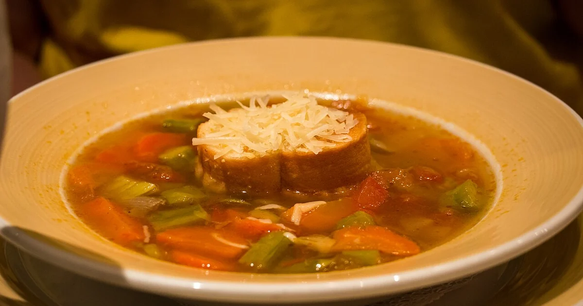 Rae's appetizer at Storyteller's Cafe: Fire-Roasted Vegetable Soup - with Toasted Cheese Crouton.